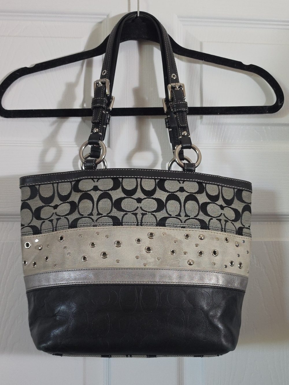 Coach Black and Silver Stud-Trim Signature Tote